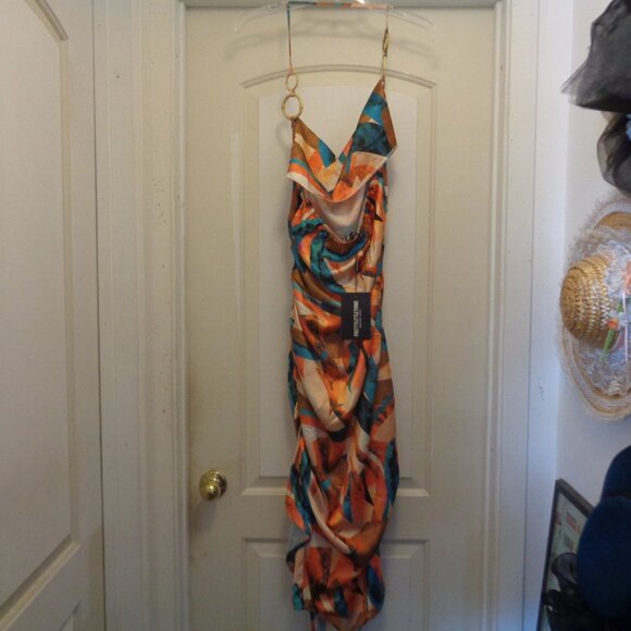 HOT GIRL PRETTYLITTLETHING NWT MAXI RUCHED SATINY COLORS W BAMBOO LOOPS 14 M - Picture 7 of 9